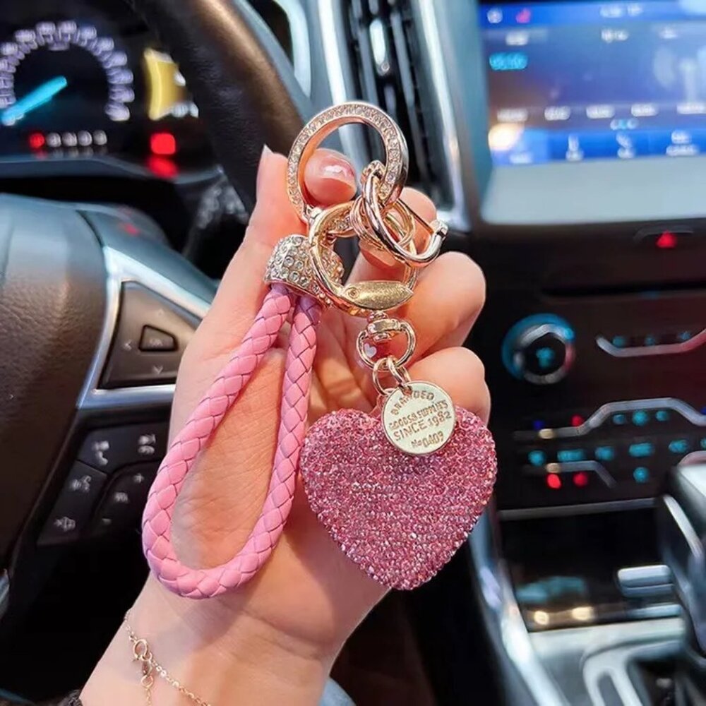 Pink Heart Diamond Keychain Leather Rope